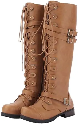 Women PU Leather Knee Boots, Strappy Lace-up Gothic Vintage Punk Buckle Military Combat Stacked Heel Boot Shoes Knee-High Boots