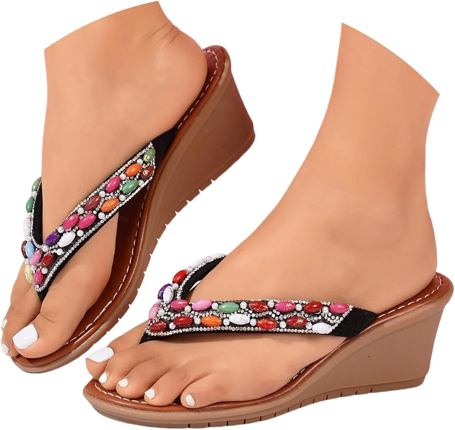 Women Rhinestone Boho Sandals Summer Dressy Slip On Wedge Flip Flop Comfortable Clip Toe Bohemian Sandals For Prom Party Wedding Performance