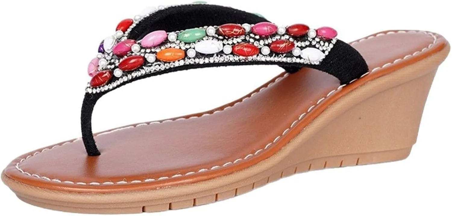 Women Rhinestone Boho Sandals Summer Dressy Slip On Wedge Flip Flop Comfortable Clip Toe Bohemian Sandals For Prom Party Wedding Performance