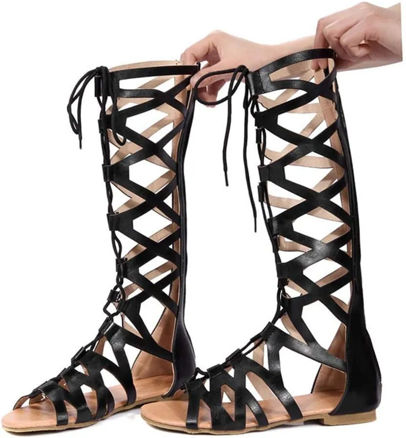 Women Summer Beach Knee High Gladiator Sandals Lace Up Zipper Back Dress Shoes Open Toe Cross Strap Slip On Roman Sandals
