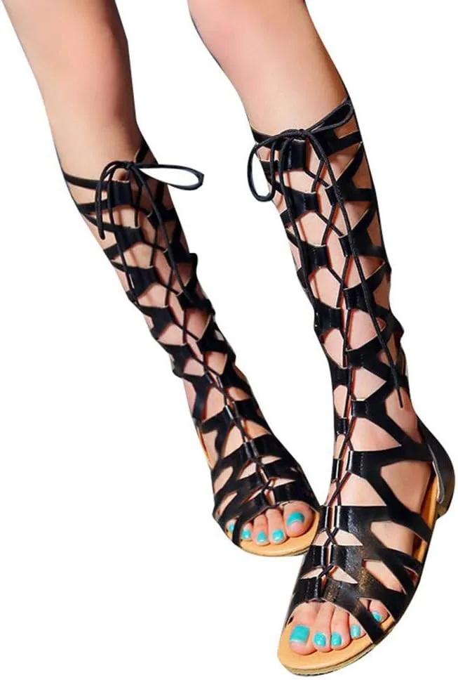 Women Summer Beach Knee High Gladiator Sandals Lace Up Zipper Back Dress Shoes Open Toe Cross Strap Slip On Roman Sandals