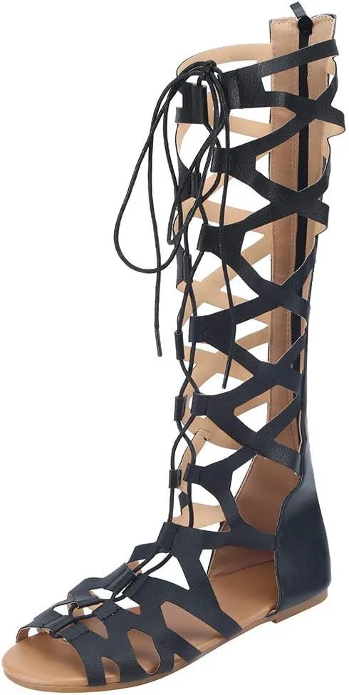 Women Summer Beach Knee High Gladiator Sandals Lace Up Zipper Back Dress Shoes Open Toe Cross Strap Slip On Roman Sandals