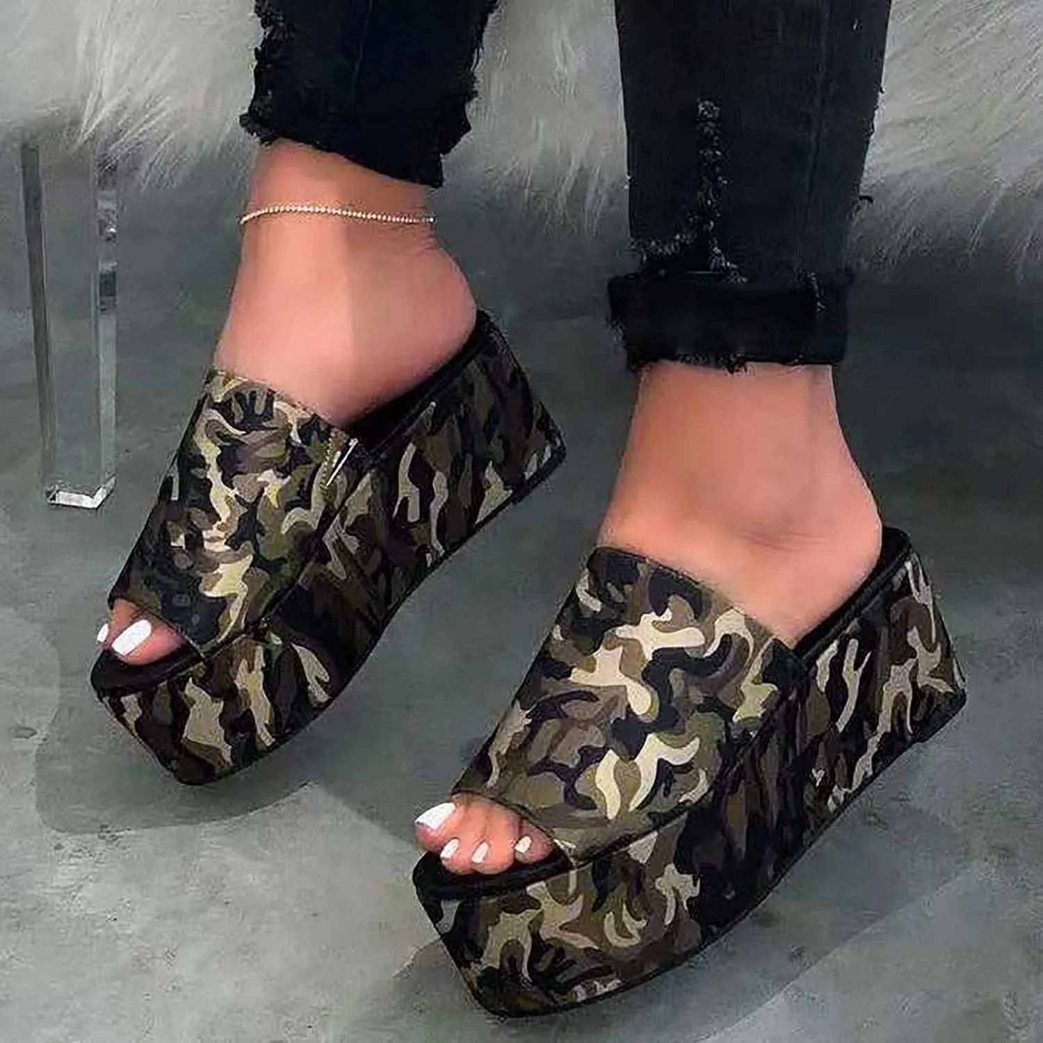 Women Summer Cloth CamouflageSlip On Casual Open Toe Wedges Comfortable Beach Slide Sandals for Women Casual Summer