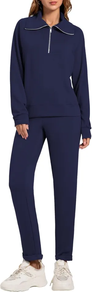 Women's 2 Piece Sets Sweatsuit Lapel Half Zip Sweatshirt Sweatpants Lounge Matching Sets Fall Outfits