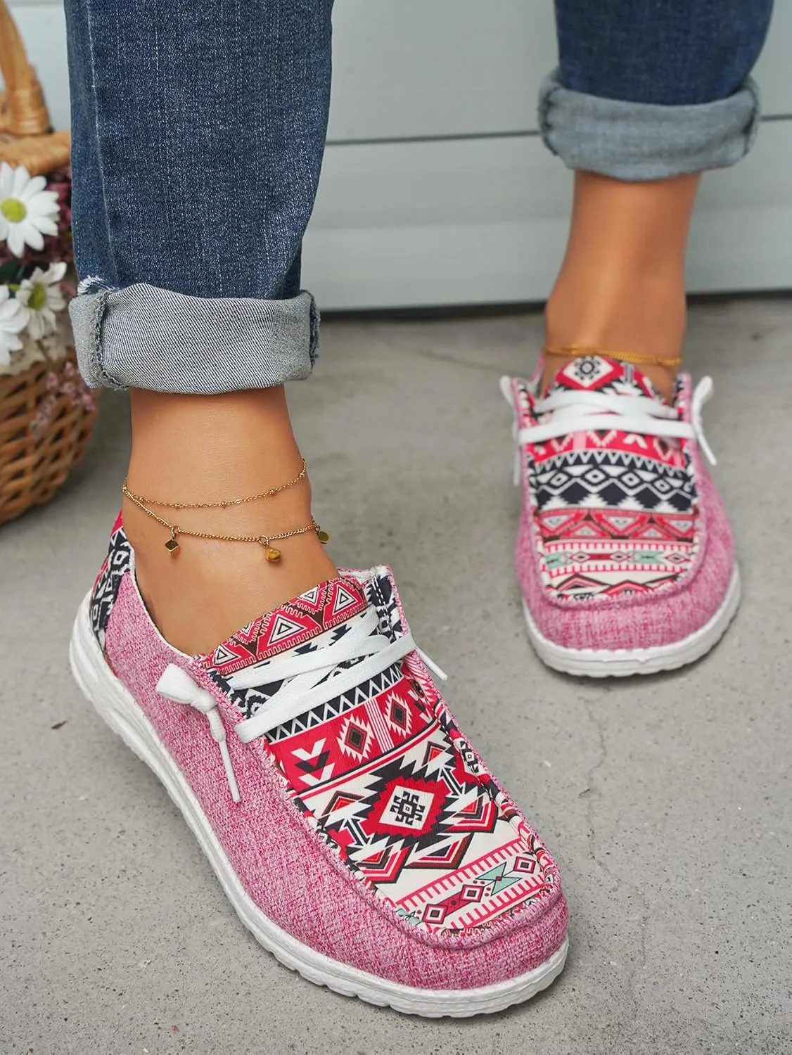 Women's Aztec Print Slip-On Loafers - Elastic Lace Comfort Shoes, Lightweight Foam Sole, Orthotic Support for Daily Wear, Trendy Casual Sneakers (US 6-11)