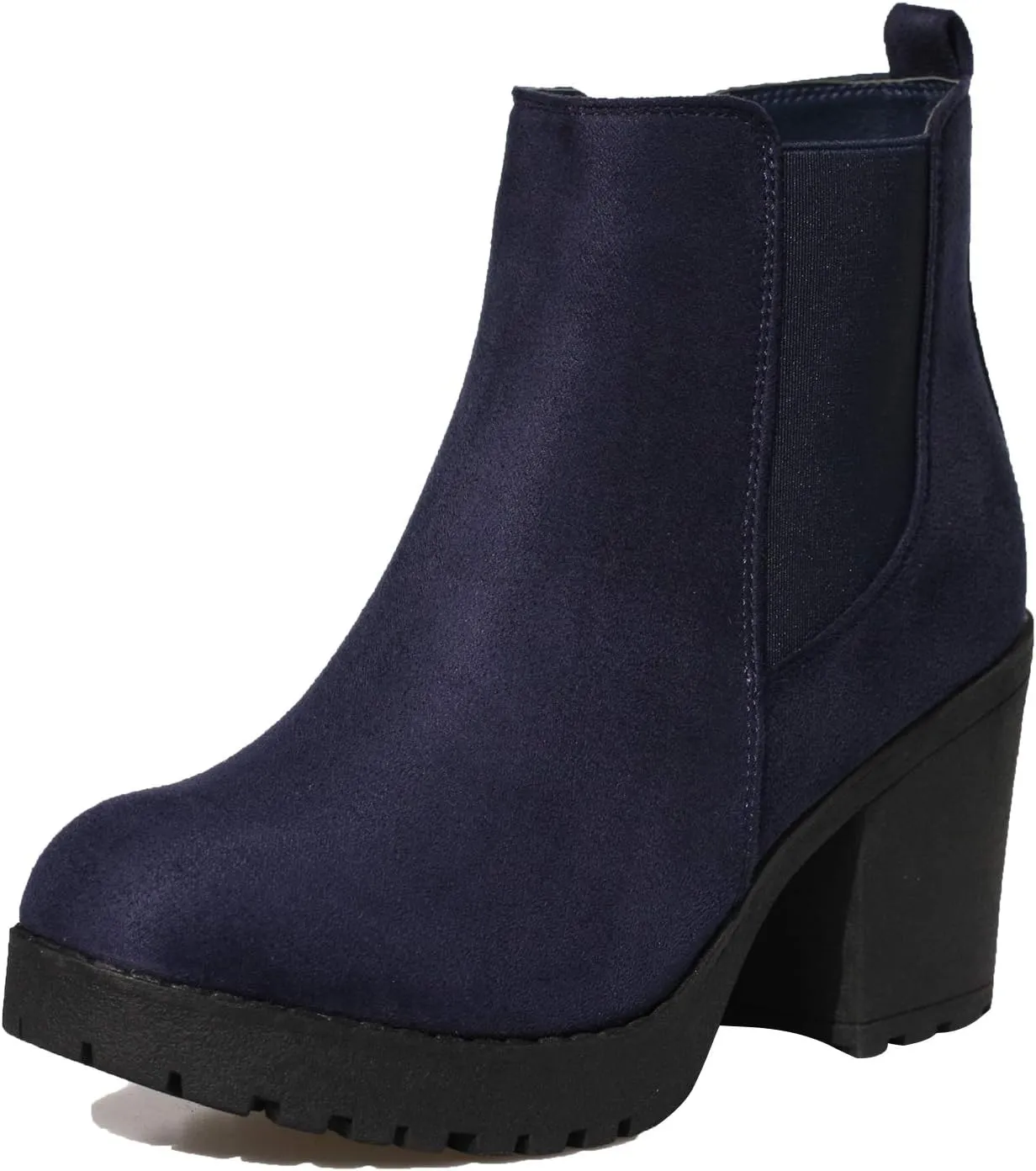 Women’s Block Chunky Heel Ankle Booties Slip on Platform Boots Zipper up High Heel Chelsea Boots Navy Suede 11