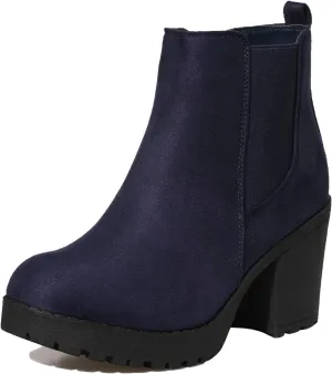 Women’s Block Chunky Heel Ankle Booties Slip on Platform Boots Zipper up High Heel Chelsea Boots Navy Suede 11