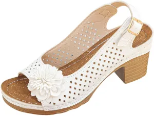 Womens Block Heel Sandals Summer Dressy Fish Mouth Flowers Ankle Buckle Strap Chunky Block Heel Comfortable Hollow Out Platform Wedge Sandals
