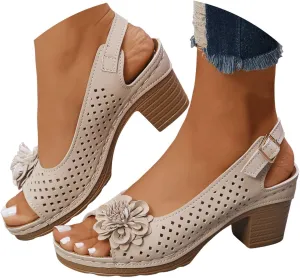 Women's Block Heel Sandals Summer Open Toe Ankle Buckle Strap Chunky Non Slip Casual Solid Color Hollow Out Floral Decor Sandals Lightweight Platform Wedge Fashion Footwear
