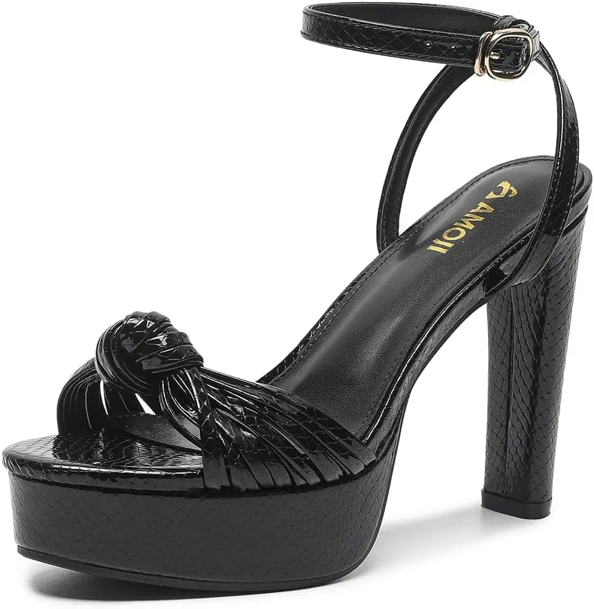 Women's Block Heels 4 Inch Platform Braid Knot Ankle Strap Lady Heeled Sandals FZ319