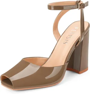 Women's Block High Heels Chunky Heel Maroon Slingback Sandals Square Open Toe Ankle Strap Burgundy Heeled Dressy Shoes for Ladies Sexy Cute Comfy Summer