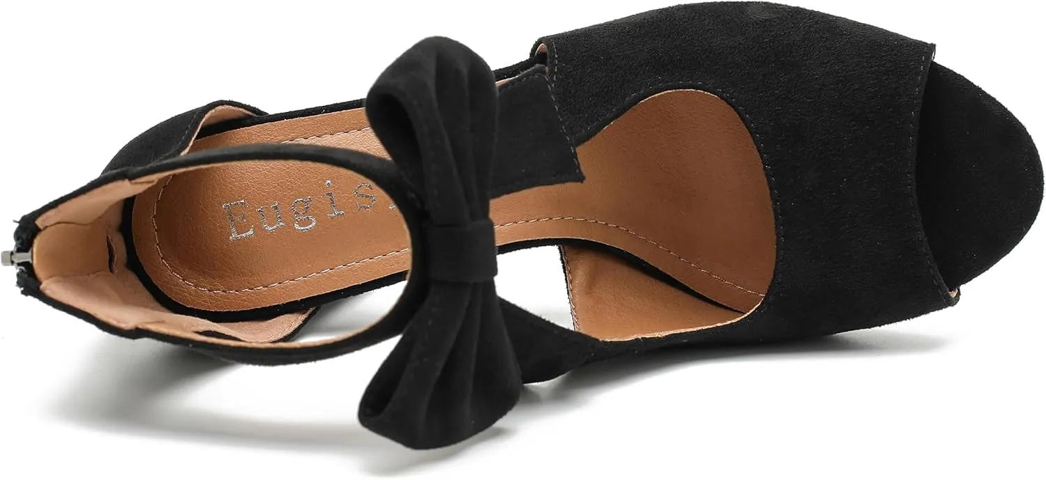 Women's Bows Strappy Sandals Open Toe Chunky High Heels Sandals Ankle Strap Dressy Pumps Back Zip Cutout Heeled Summer Party Sandals