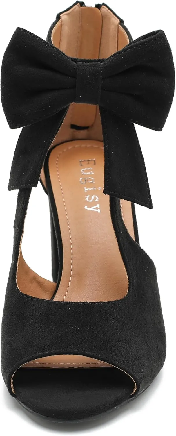 Women's Bows Strappy Sandals Open Toe Chunky High Heels Sandals Ankle Strap Dressy Pumps Back Zip Cutout Heeled Summer Party Sandals