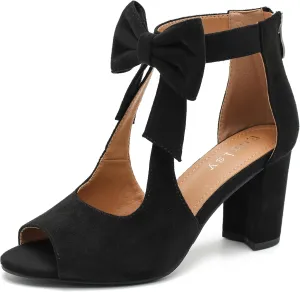 Women's Bows Strappy Sandals Open Toe Chunky High Heels Sandals Ankle Strap Dressy Pumps Back Zip Cutout Heeled Summer Party Sandals