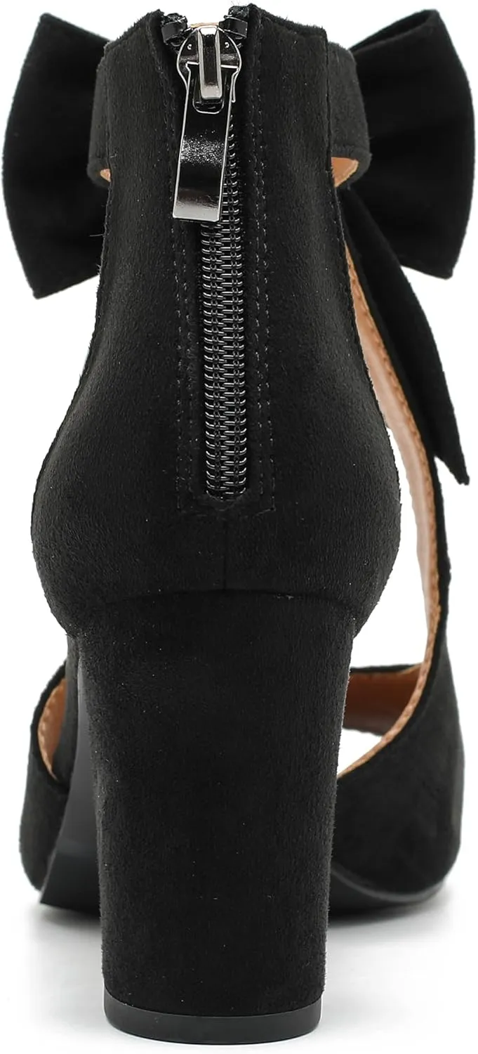 Women's Bows Strappy Sandals Open Toe Chunky High Heels Sandals Ankle Strap Dressy Pumps Back Zip Cutout Heeled Summer Party Sandals