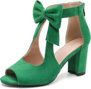 Women's Bows Strappy Sandals Open Toe Chunky High Heels Sandals Ankle Strap Dressy Pumps Back Zip Cutout Heeled Summer Party Sandals