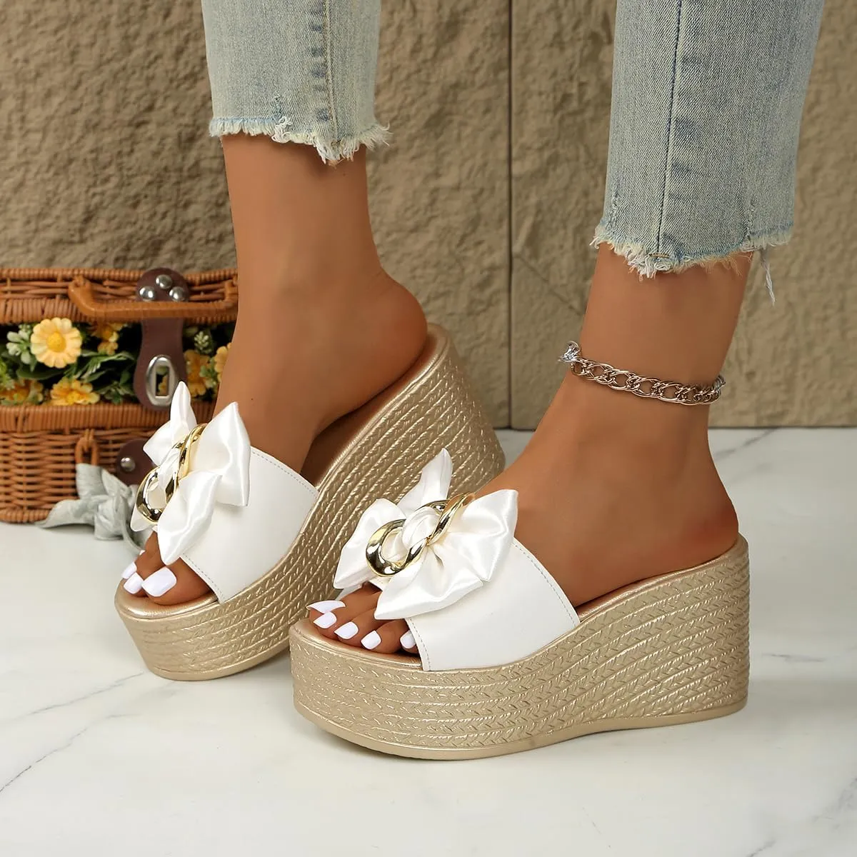 Women's Bowtie Wedge Slide Sandals Platform Open Toe High Heels Sandals Slippers Summer Peep Toe Slippers Leisure Beach Shoes