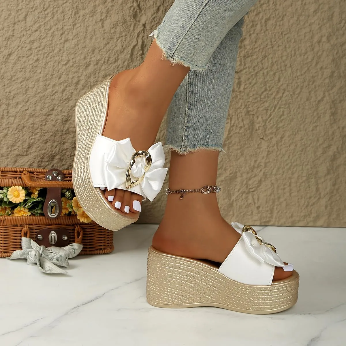 Women's Bowtie Wedge Slide Sandals Platform Open Toe High Heels Sandals Slippers Summer Peep Toe Slippers Leisure Beach Shoes