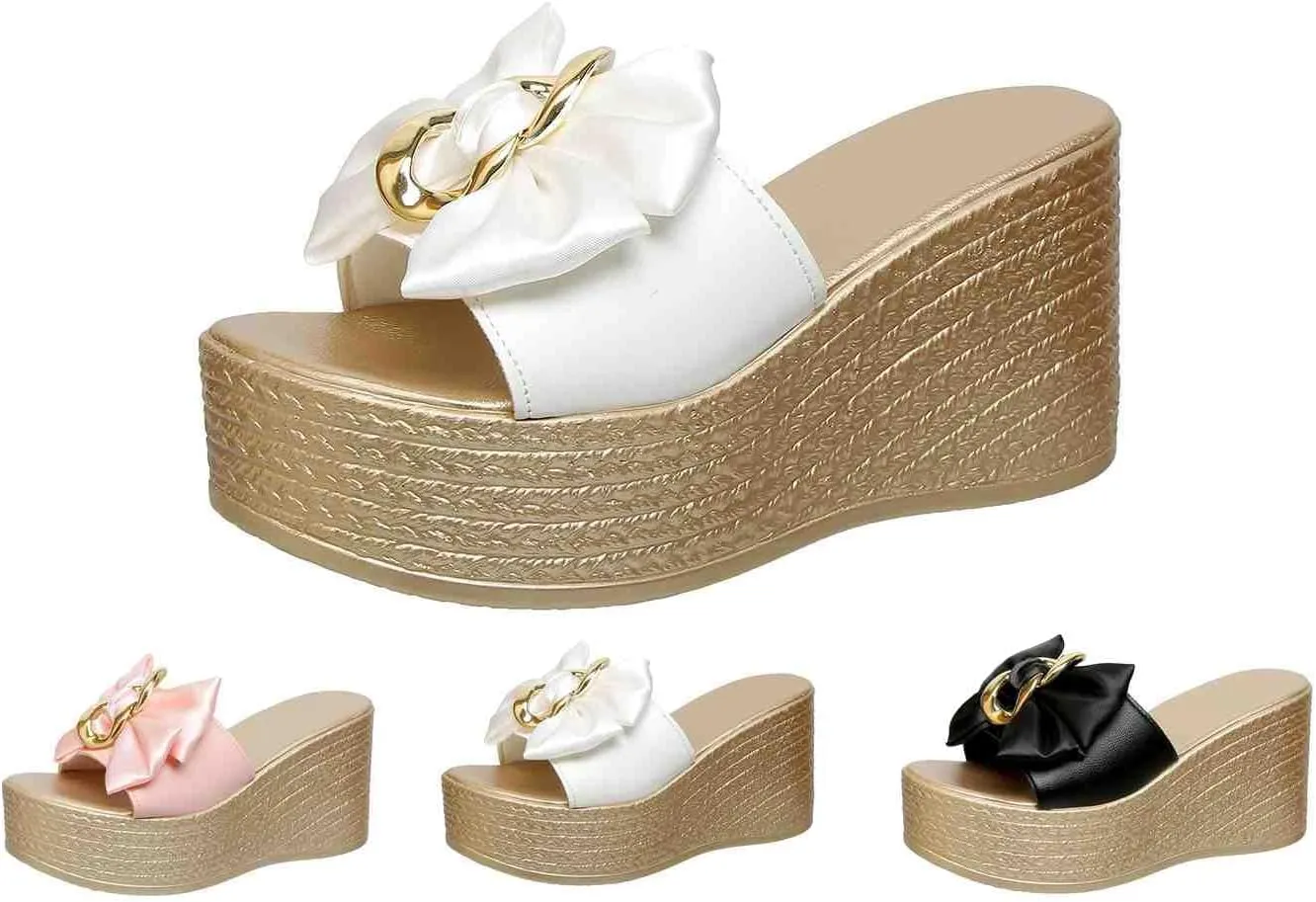 Women's Bowtie Wedge Slide Sandals Platform Open Toe High Heels Sandals Slippers Summer Peep Toe Slippers Leisure Beach Shoes