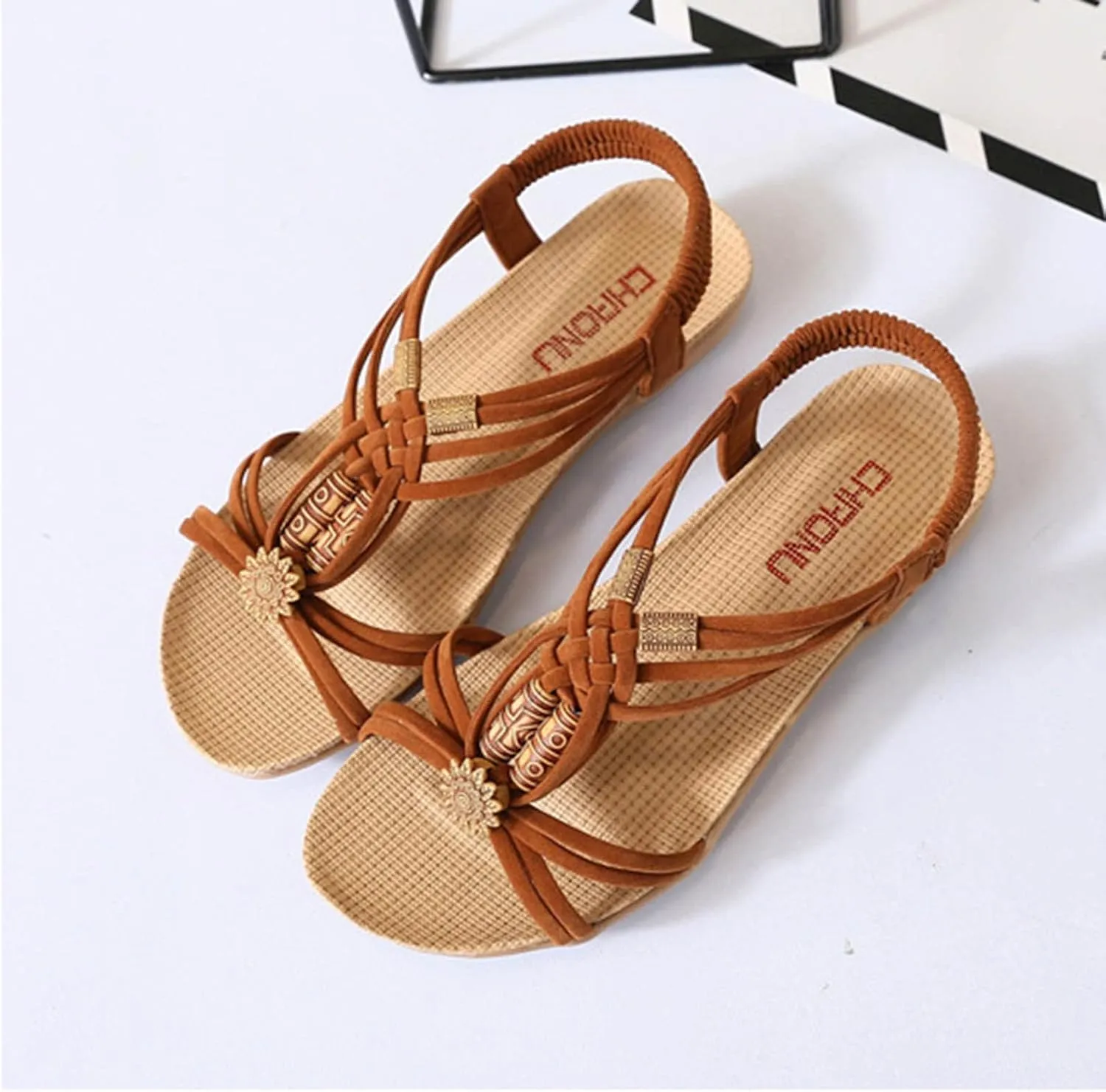 Women's Braided Strap Sandals Vintage Boho Beach Sandal with Elastic Strap Comfort Flat Shoes Stylish Summer Footwear