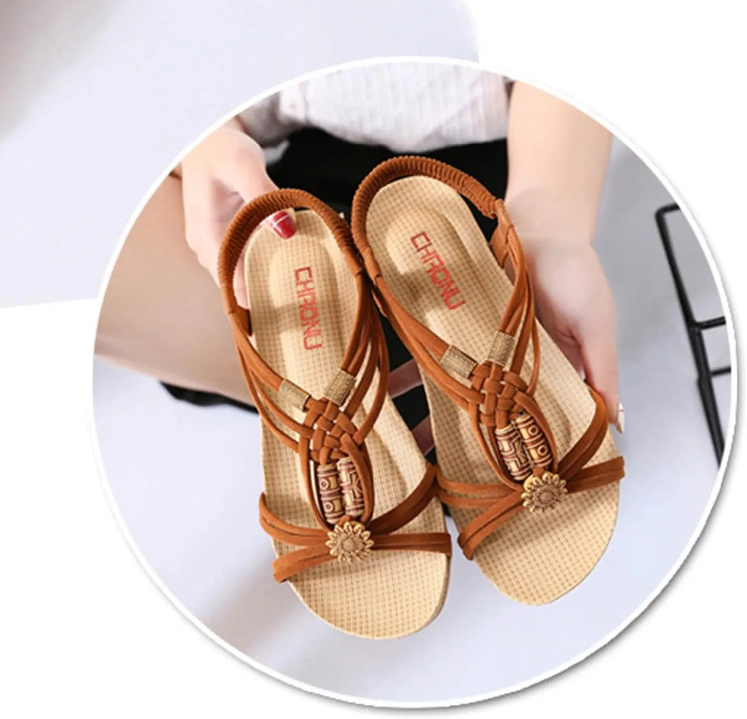 Women's Braided Strap Sandals Vintage Boho Beach Sandal with Elastic Strap Comfort Flat Shoes Stylish Summer Footwear