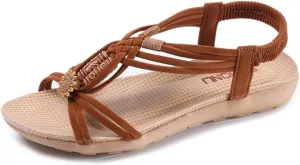 Women's Braided Strap Sandals Vintage Boho Beach Sandal with Elastic Strap Comfort Flat Shoes Stylish Summer Footwear