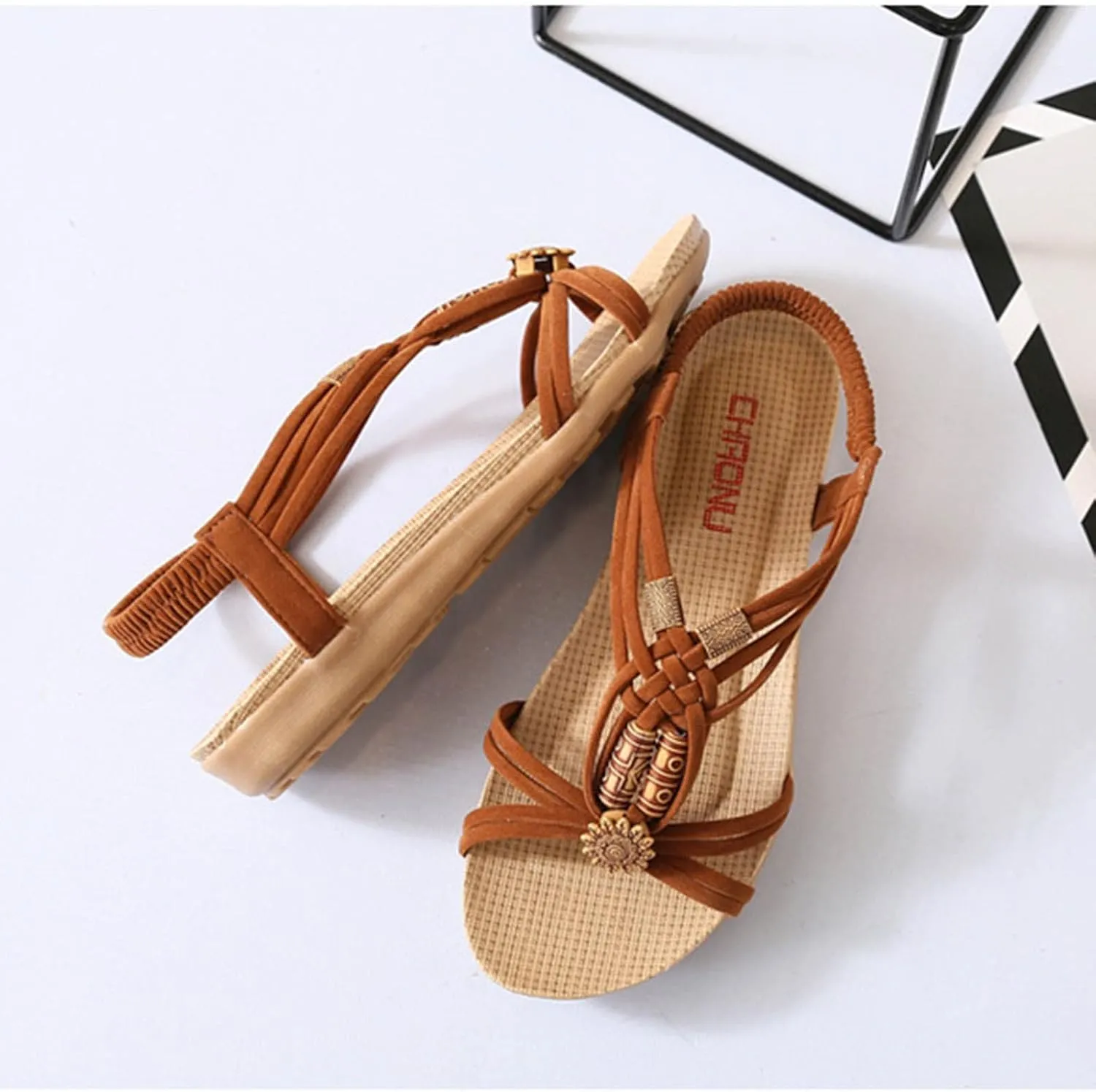 Women's Braided Strap Sandals Vintage Boho Beach Sandal with Elastic Strap Comfort Flat Shoes Stylish Summer Footwear