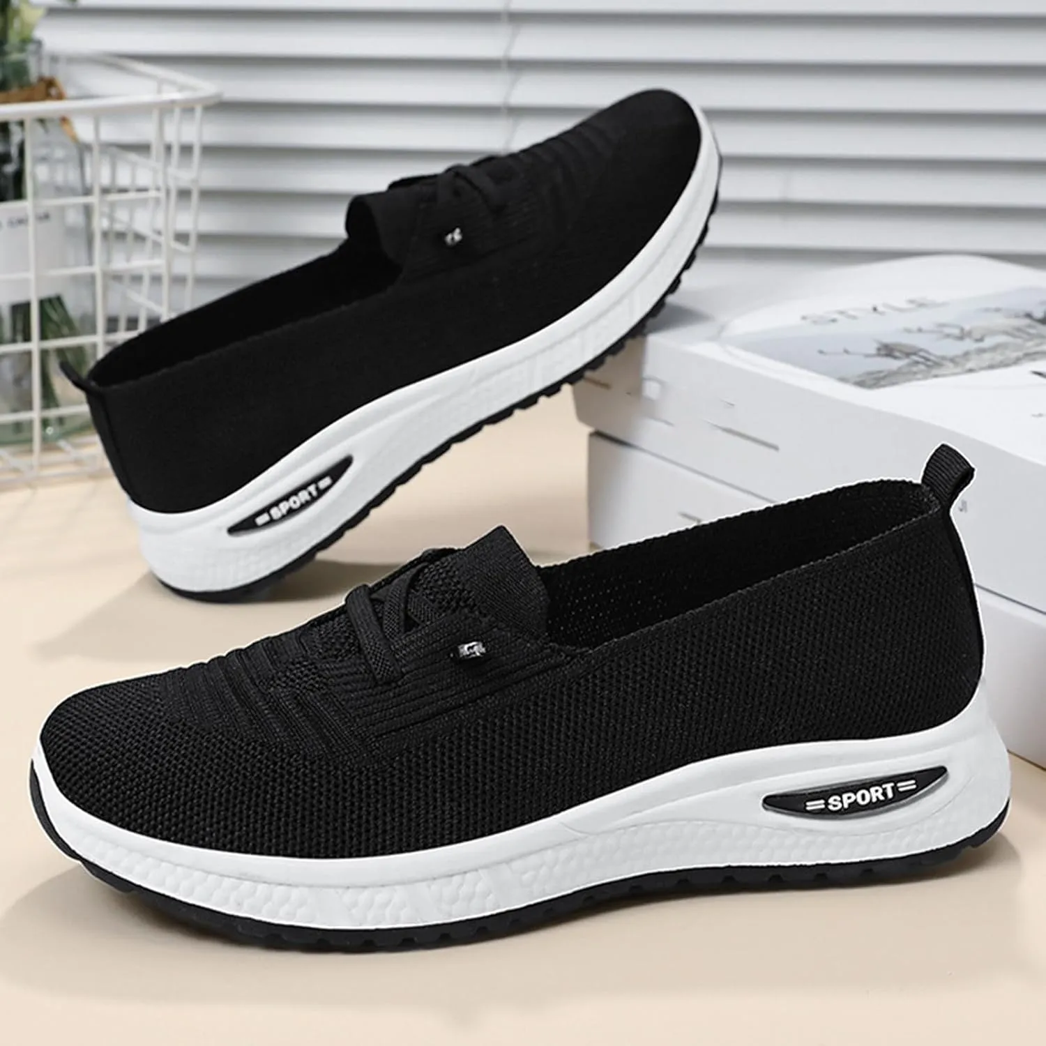 Women's Breathable Knitted Mesh Slip-On Loafers Lace Up Lightweight Orthopedic Low Top Soft Sole Sneakers Platform Non-Slip Outdoor Sport Tennis Shoes