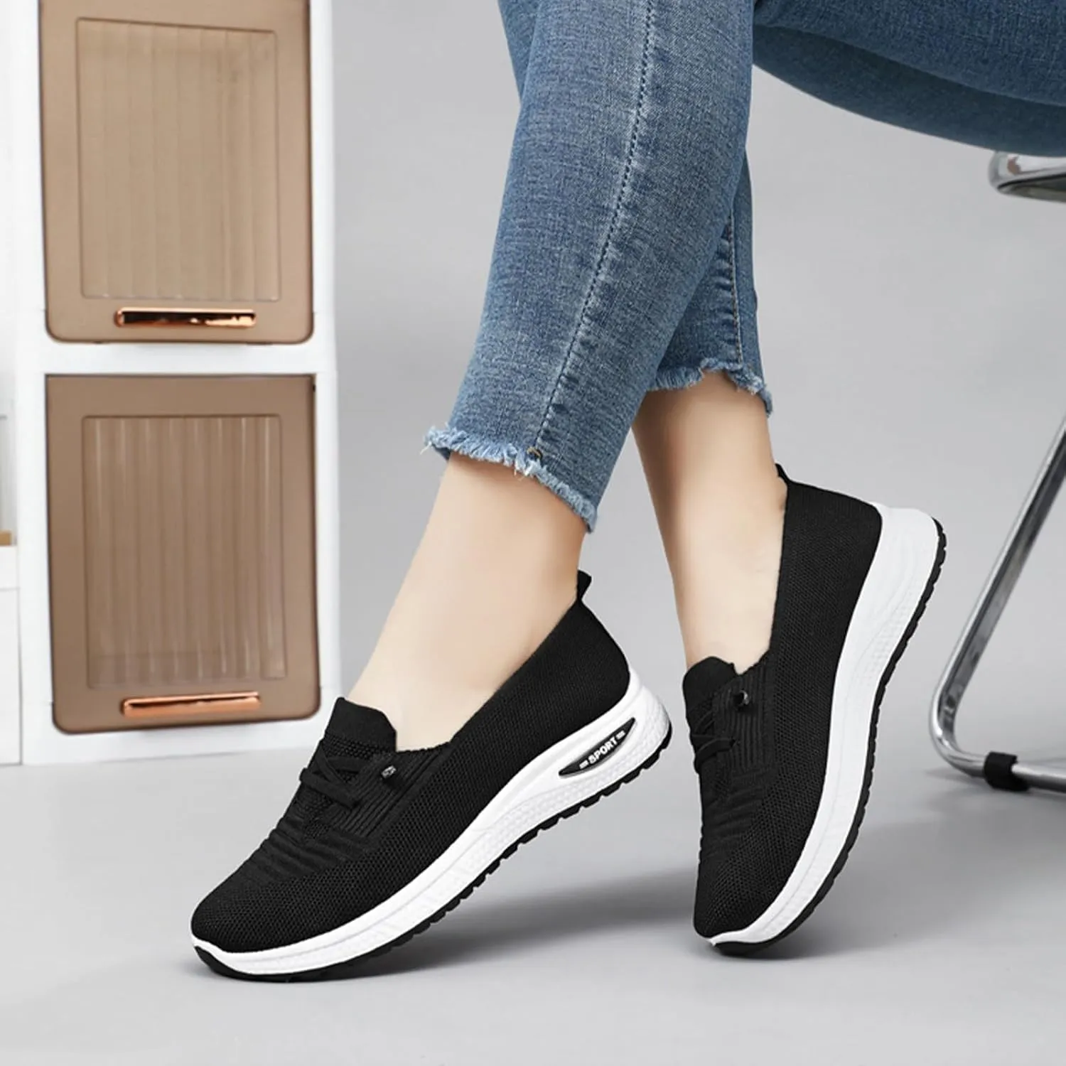 Women's Breathable Knitted Mesh Slip-On Loafers Lace Up Lightweight Orthopedic Low Top Soft Sole Sneakers Platform Non-Slip Outdoor Sport Tennis Shoes