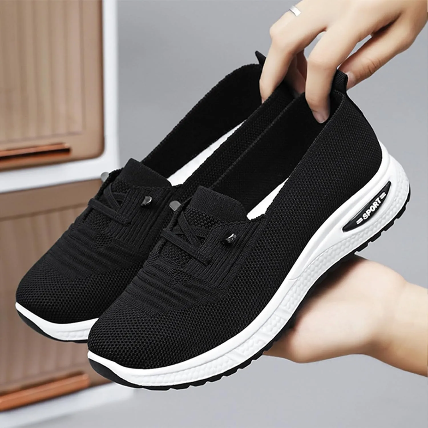 Women's Breathable Knitted Mesh Slip-On Loafers Lace Up Lightweight Orthopedic Low Top Soft Sole Sneakers Platform Non-Slip Outdoor Sport Tennis Shoes