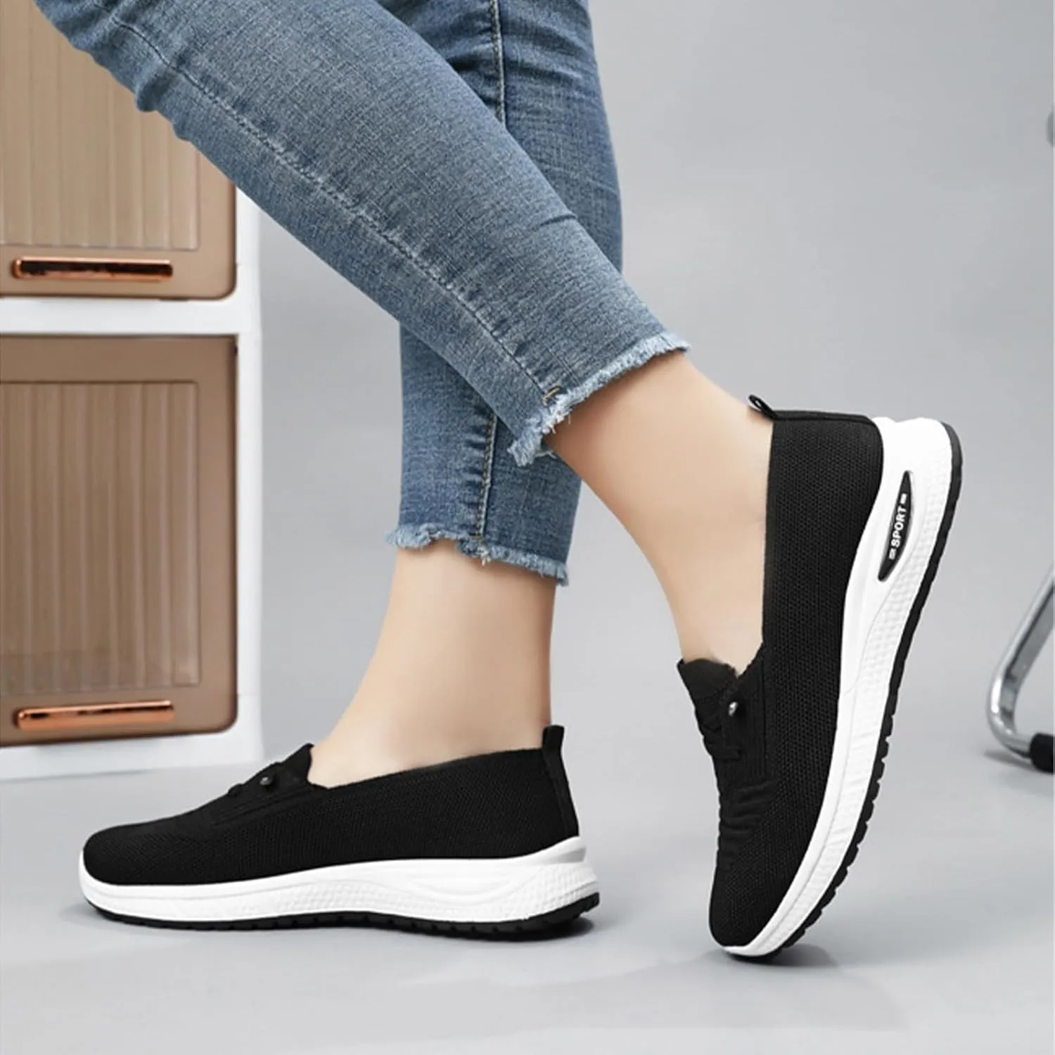 Women's Breathable Knitted Mesh Slip-On Loafers Lace Up Lightweight Orthopedic Low Top Soft Sole Sneakers Platform Non-Slip Outdoor Sport Tennis Shoes