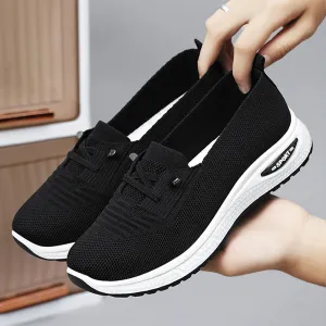 Women's Breathable Knitted Mesh Slip-On Loafers Lace Up Lightweight Orthopedic Low Top Soft Sole Sneakers Platform Non-Slip Outdoor Sport Tennis Shoes
