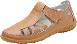 Women's Casual Boho Sandals Summer Leather Comfort Closed Toe Ankle Strap Beach Shoes Soft High Casual Shoes for Women