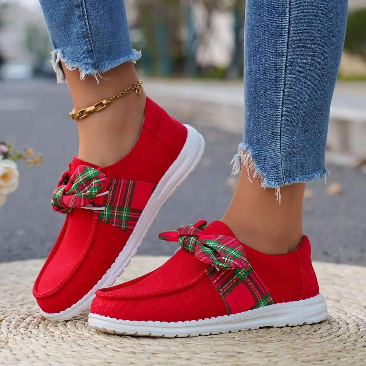 Women's Casual Loafers with Red Canvas and Plaid Bow Design, Lightweight Slip-On Shoes with Comfortable Cushioned Sole, Stylish Everyday Footwear for Holiday or Casual Outfits