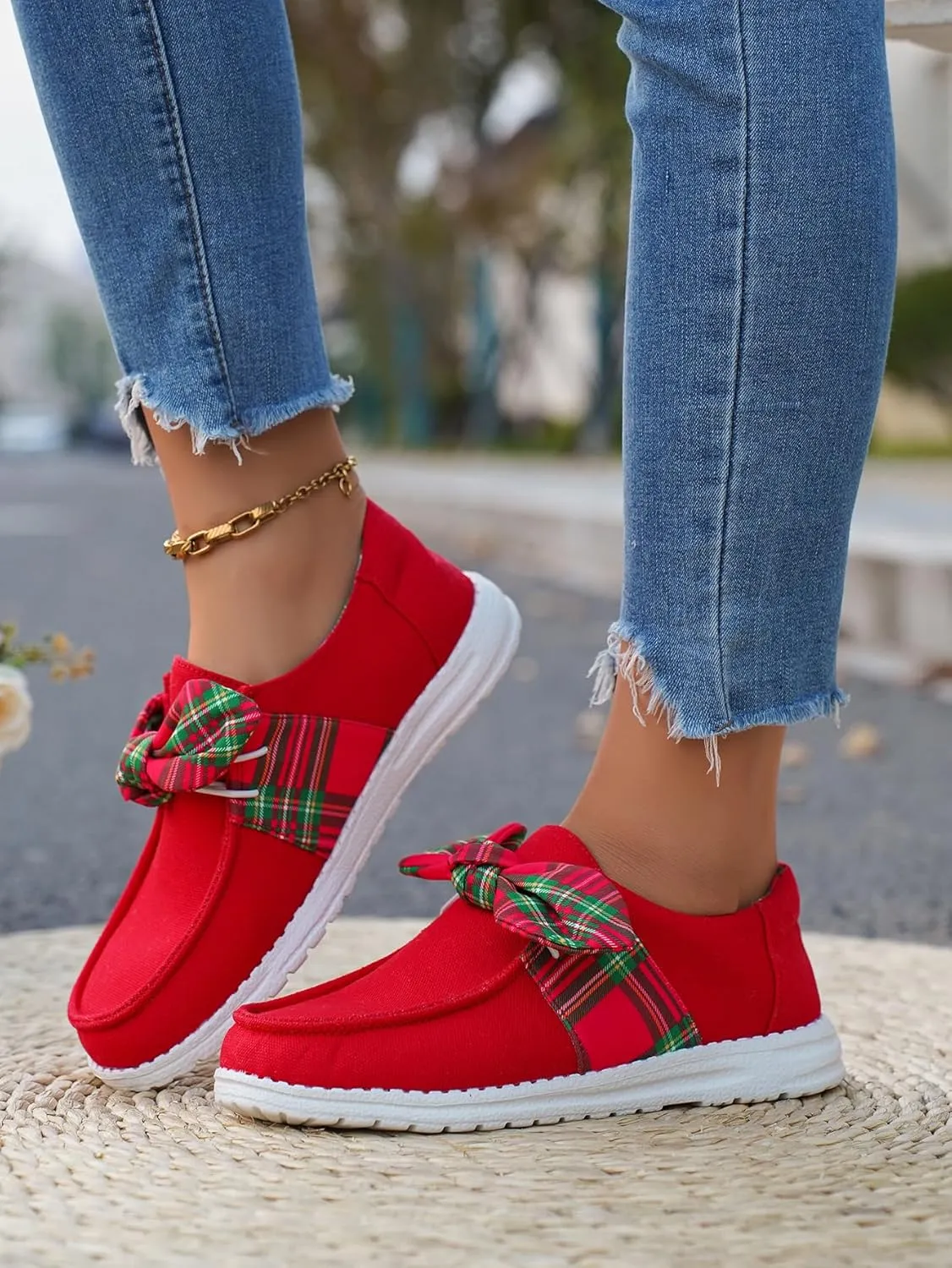 Women's Casual Loafers with Red Canvas and Plaid Bow Design, Lightweight Slip-On Shoes with Comfortable Cushioned Sole, Stylish Everyday Footwear for Holiday or Casual Outfits