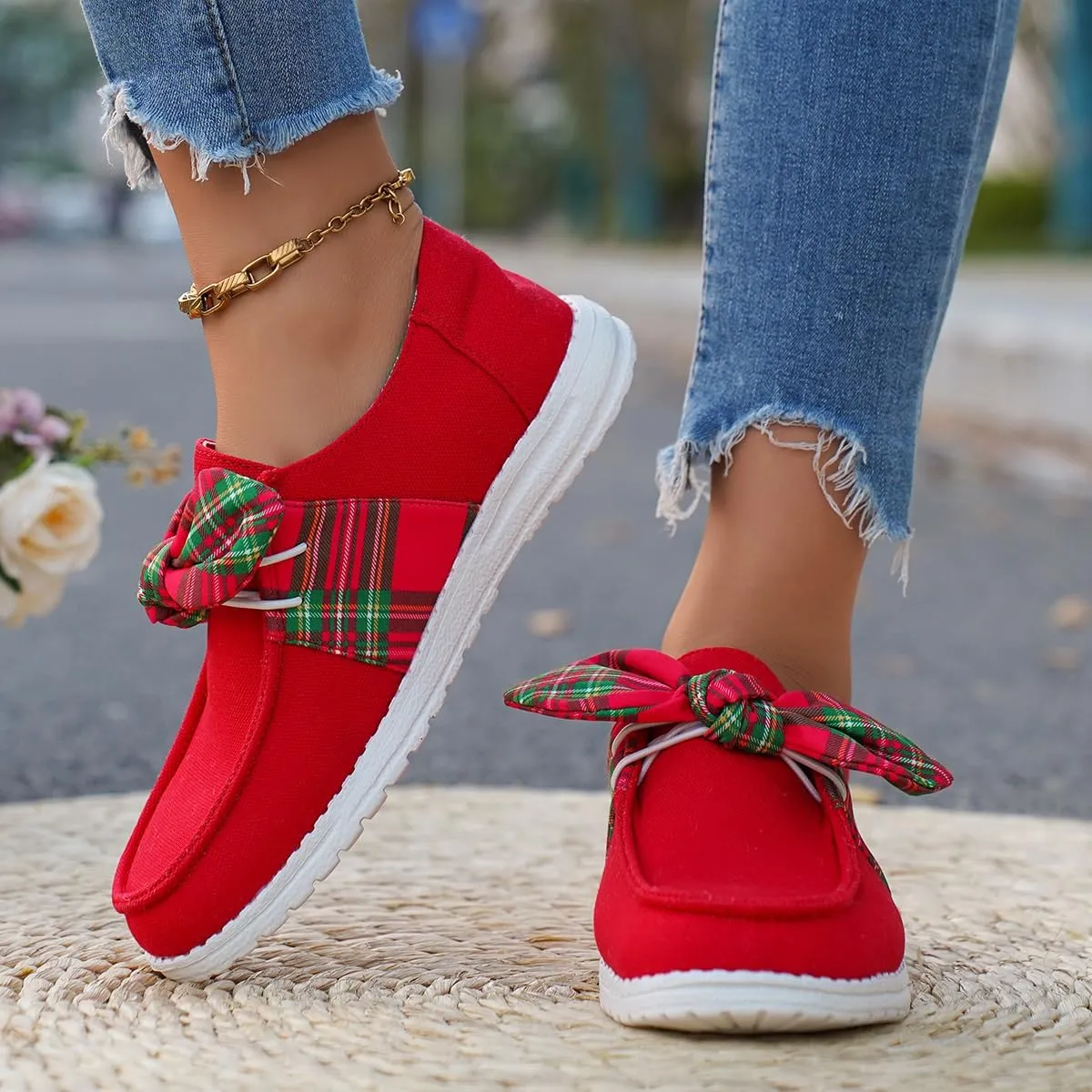 Women's Casual Loafers with Red Canvas and Plaid Bow Design, Lightweight Slip-On Shoes with Comfortable Cushioned Sole, Stylish Everyday Footwear for Holiday or Casual Outfits