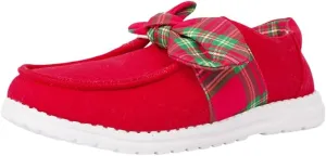 Women's Casual Loafers with Red Canvas and Plaid Bow Design, Lightweight Slip-On Shoes with Comfortable Cushioned Sole, Stylish Everyday Footwear for Holiday or Casual Outfits