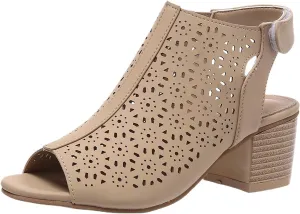 Womens Chunky Heel Sandals Peep Toe Laser Cut Geometric Slingback Ankle Strap Block Heeled Sandal Low Stacked Heels Ankle Bootie