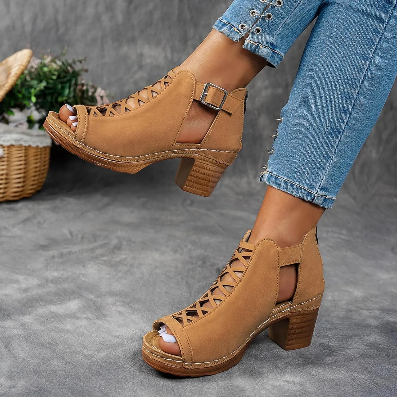Women's Chunky High Heels Sandals Open Toe Thick Heel Sandals Summer Wedding Party Dress Shoes with Back Zip