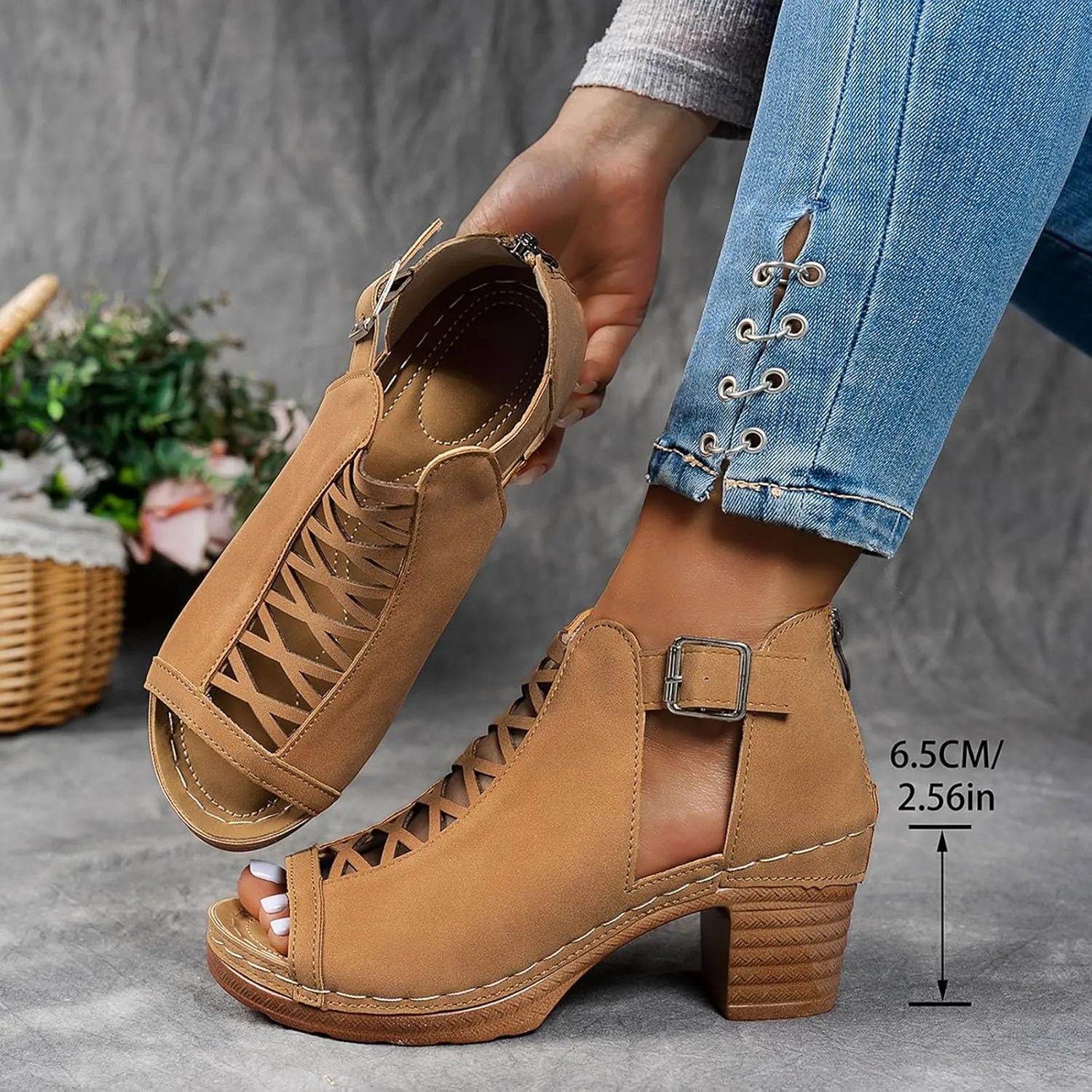 Women's Chunky High Heels Sandals Open Toe Thick Heel Sandals Summer Wedding Party Dress Shoes with Back Zip