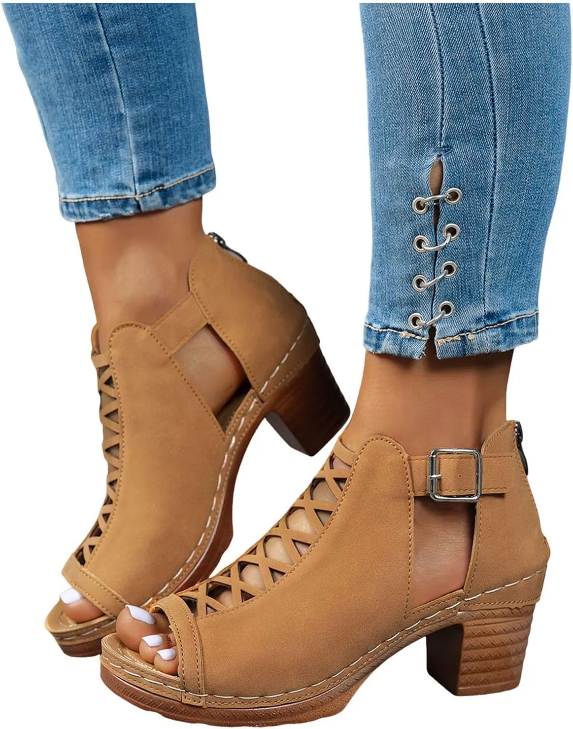 Women's Chunky High Heels Sandals Open Toe Thick Heel Sandals Summer Wedding Party Dress Shoes with Back Zip