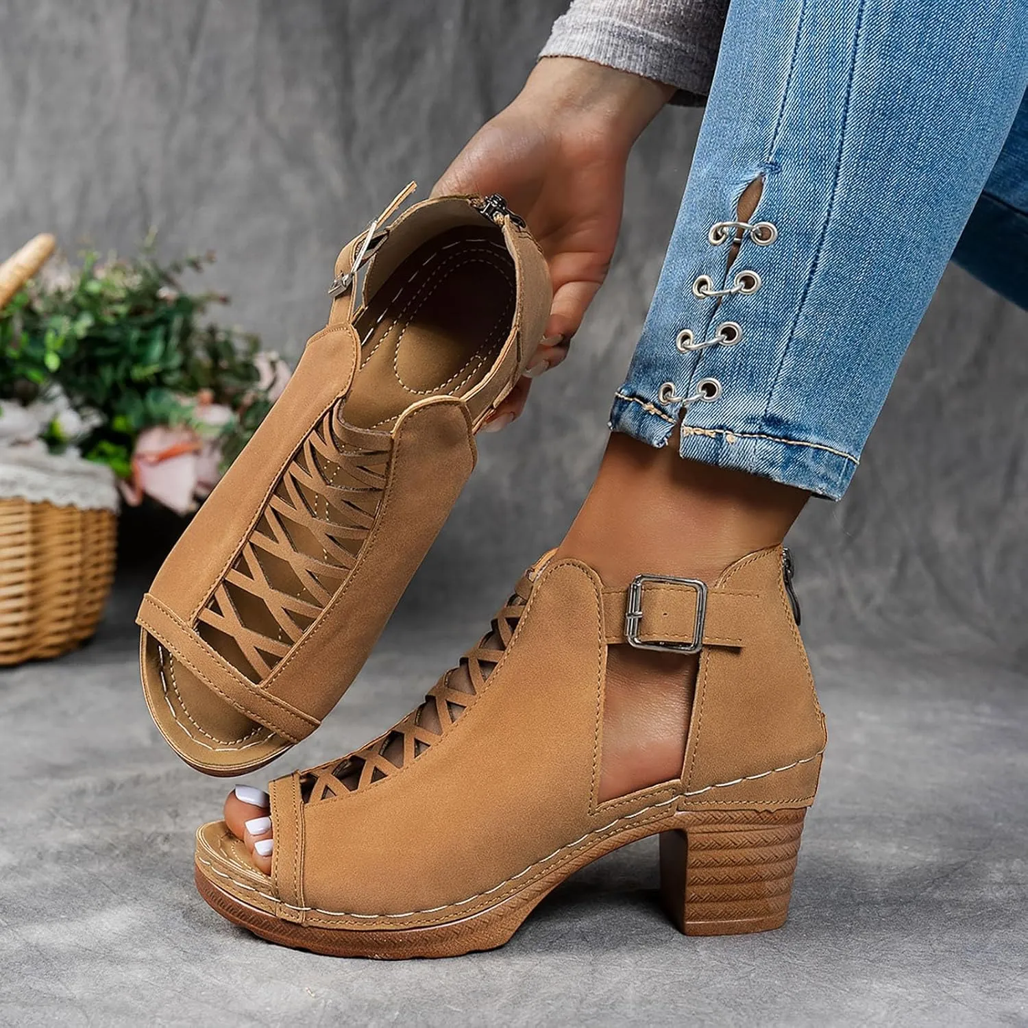 Women's Chunky High Heels Sandals Open Toe Thick Heel Sandals Summer Wedding Party Dress Shoes with Back Zip