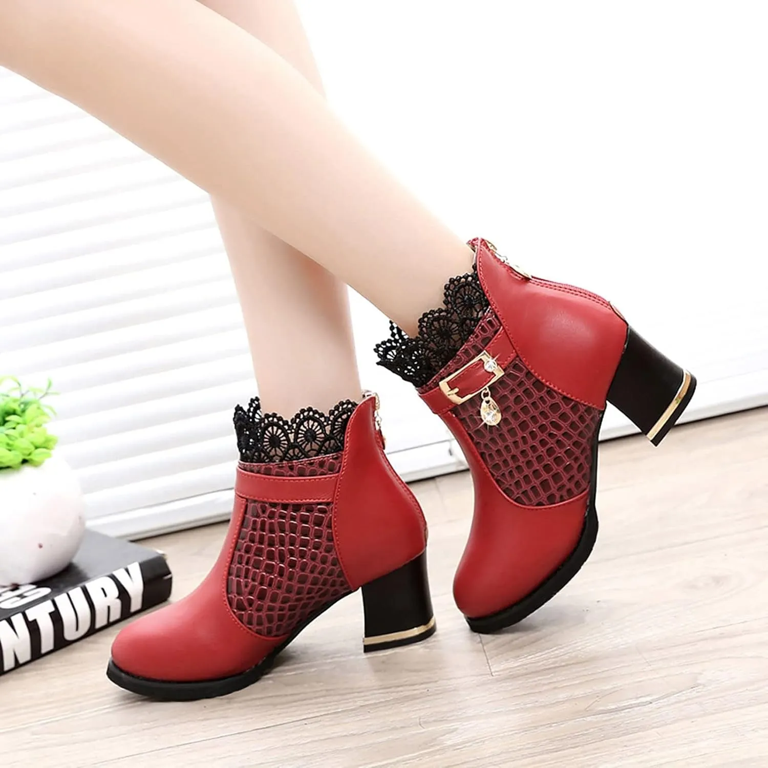 Women's Chunky Platform High Heel Boots Lace Up Gothic Ankle Booties Block Heel Buckle Punk Shoes with Lace