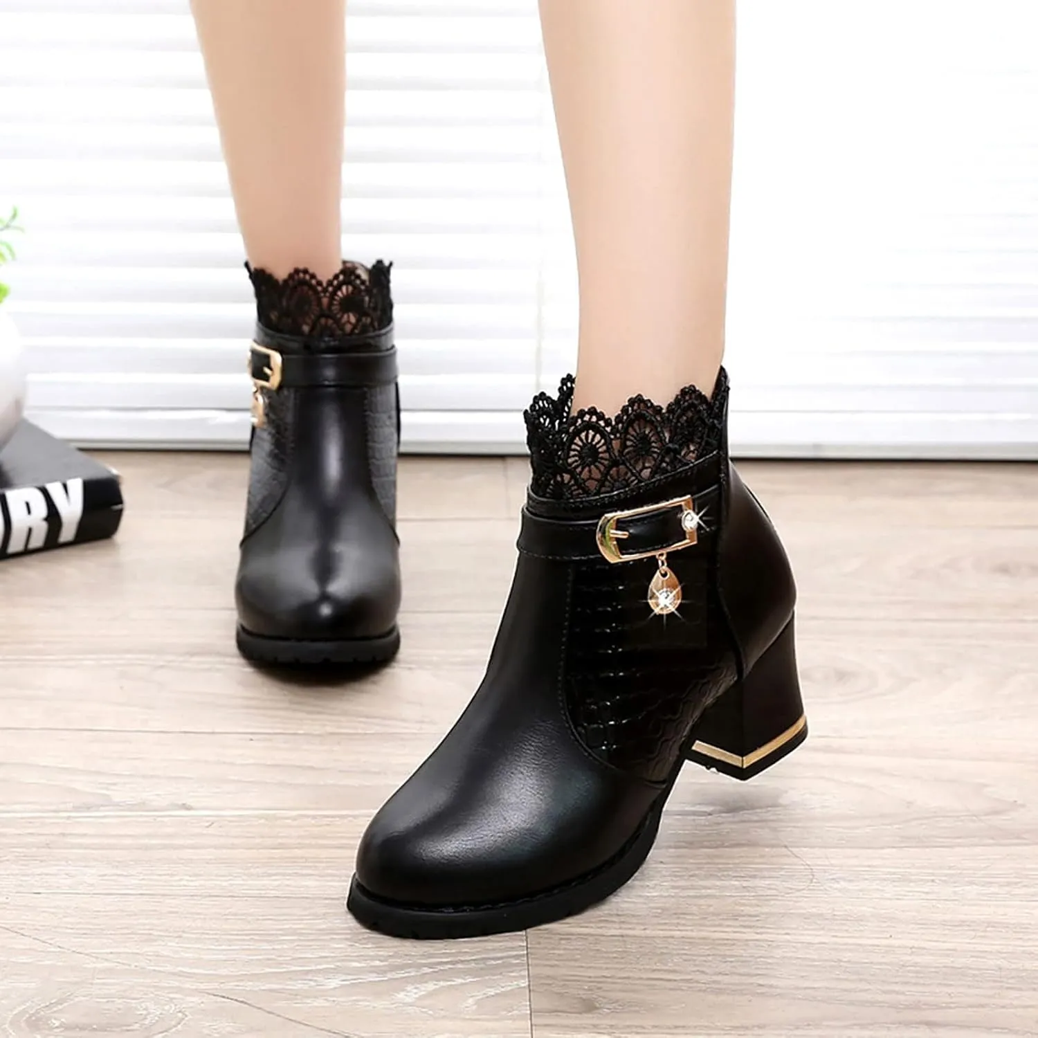 Women's Chunky Platform High Heel Boots Lace Up Gothic Ankle Booties Block Heel Buckle Punk Shoes with Lace