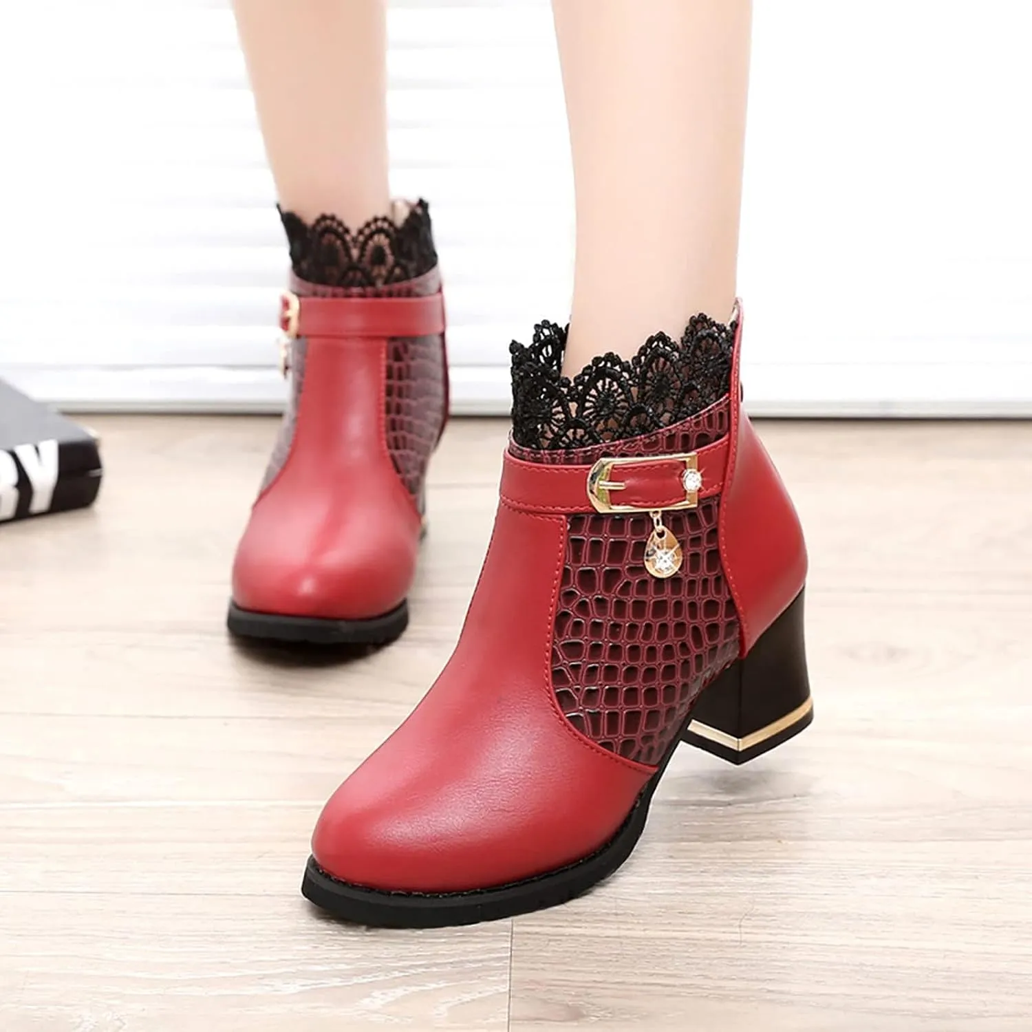 Women's Chunky Platform High Heel Boots Lace Up Gothic Ankle Booties Block Heel Buckle Punk Shoes with Lace
