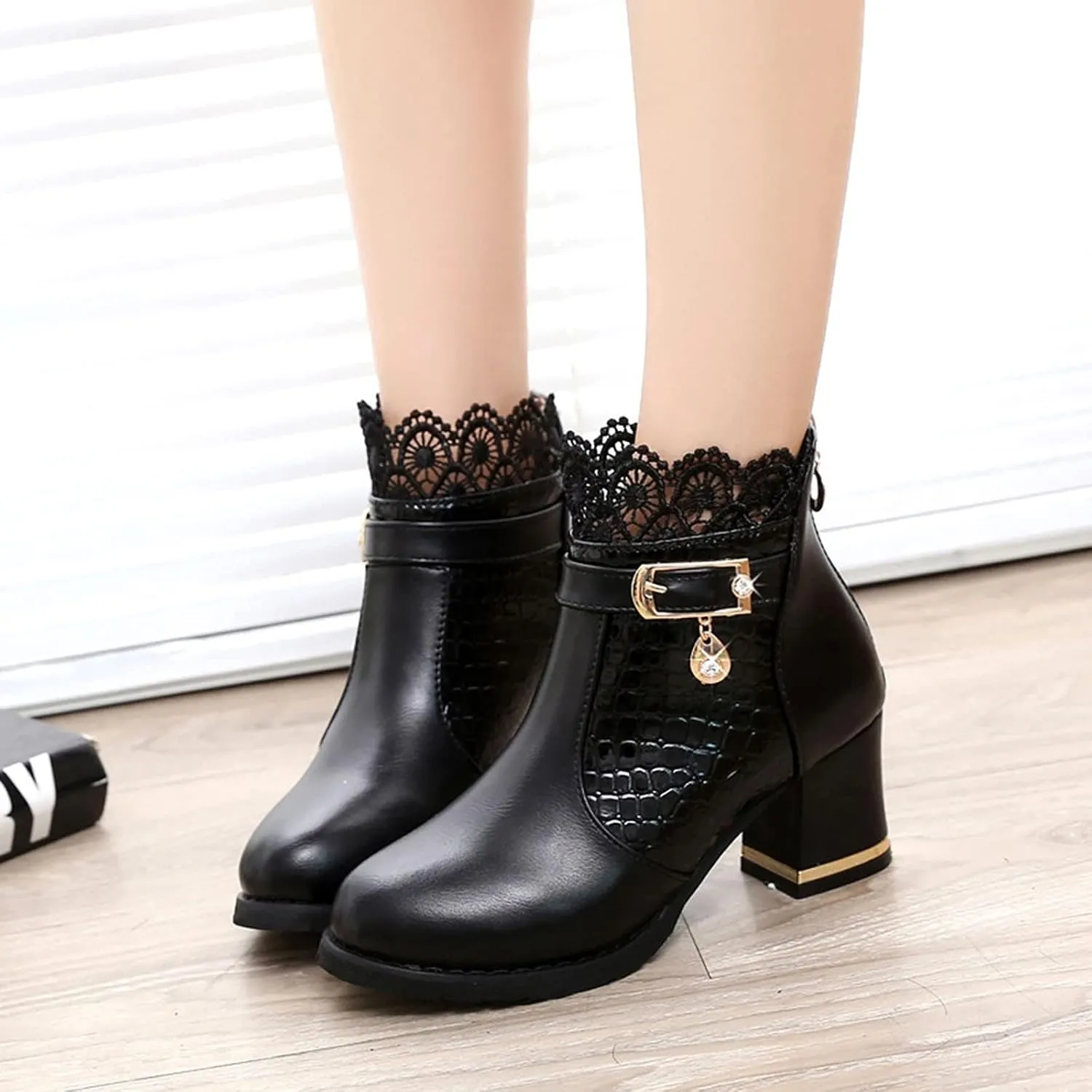 Women's Chunky Platform High Heel Boots Lace Up Gothic Ankle Booties Block Heel Buckle Punk Shoes with Lace
