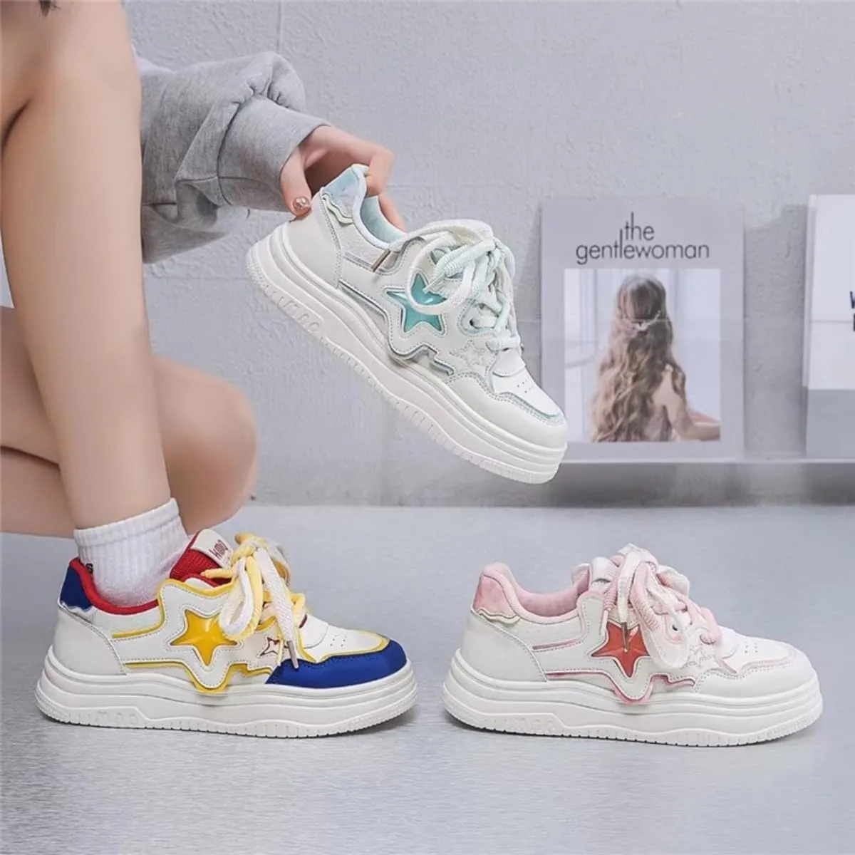 Women's Chunky Platform Sneakers Star Skate Shoes for Sport Travel Casual Preppy Walking Shoes Colorful Back to School