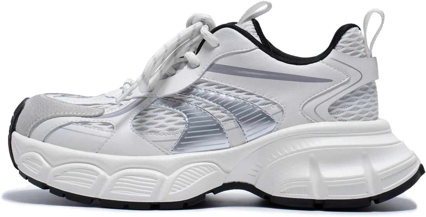 Womens Chunky Sneakers, Fashion Comfortable Round-Toe Sneakers for Women, Leather Lace Up Casual Platform Shoes, Comfortable Tennis Runnig Shoes