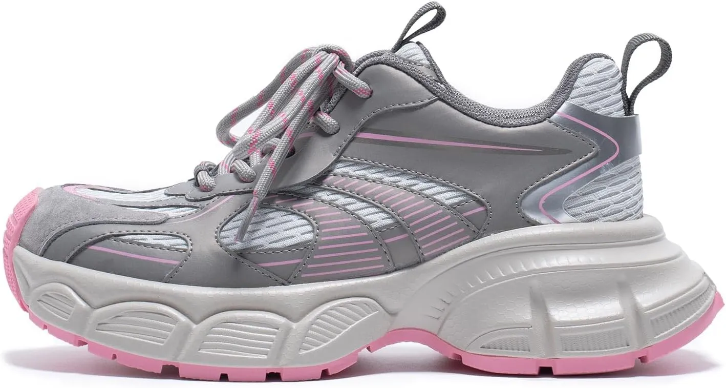 Womens Chunky Sneakers, Fashion Comfortable Round-Toe Sneakers for Women, Leather Lace Up Casual Platform Shoes, Comfortable Tennis Runnig Shoes