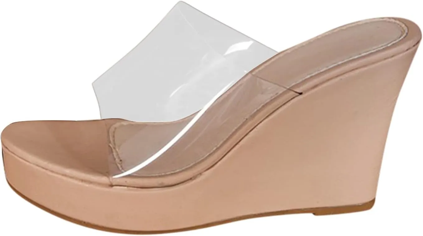 Women's Clear Strap Wedge Platform Sandals For Women Wedges Heels Transparent Comfortable Sandal Dressy Summer Slides Open Toe Slippers Beach Sandal Walking Casual Slip on Wedding Shoes for Bride